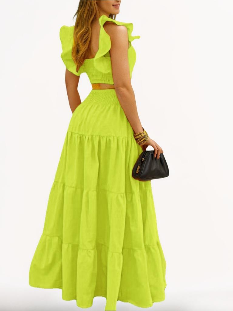 Letní nový sexy temperamentní jednobarevný maxi dvoudílný outfitový set šaty se špagetovými ramínky