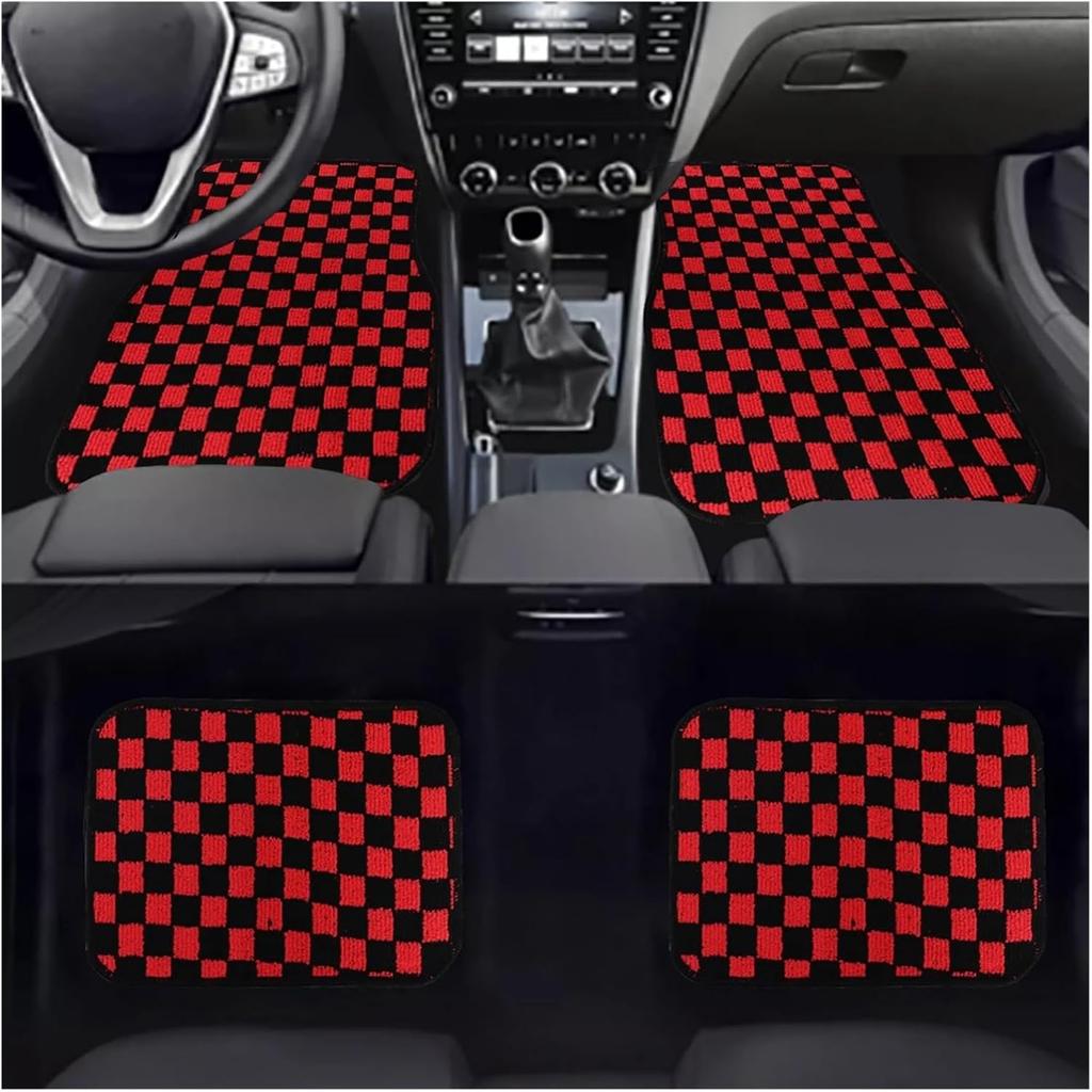 4PCS Racing Plush Car Floor Mats Universal Front & Rear Vehicle Carpets Anti Slip Lightweight Auto Decor Red