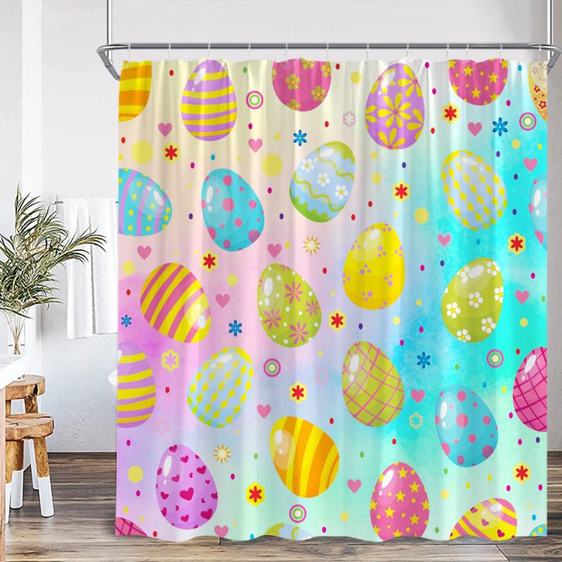 Shower Curtain, Easter Bunny Egg Waterproof Polyester Bathroom Curtain With Hooks, Spring Rabbit Dog Holiday Decor Bath Curtain
