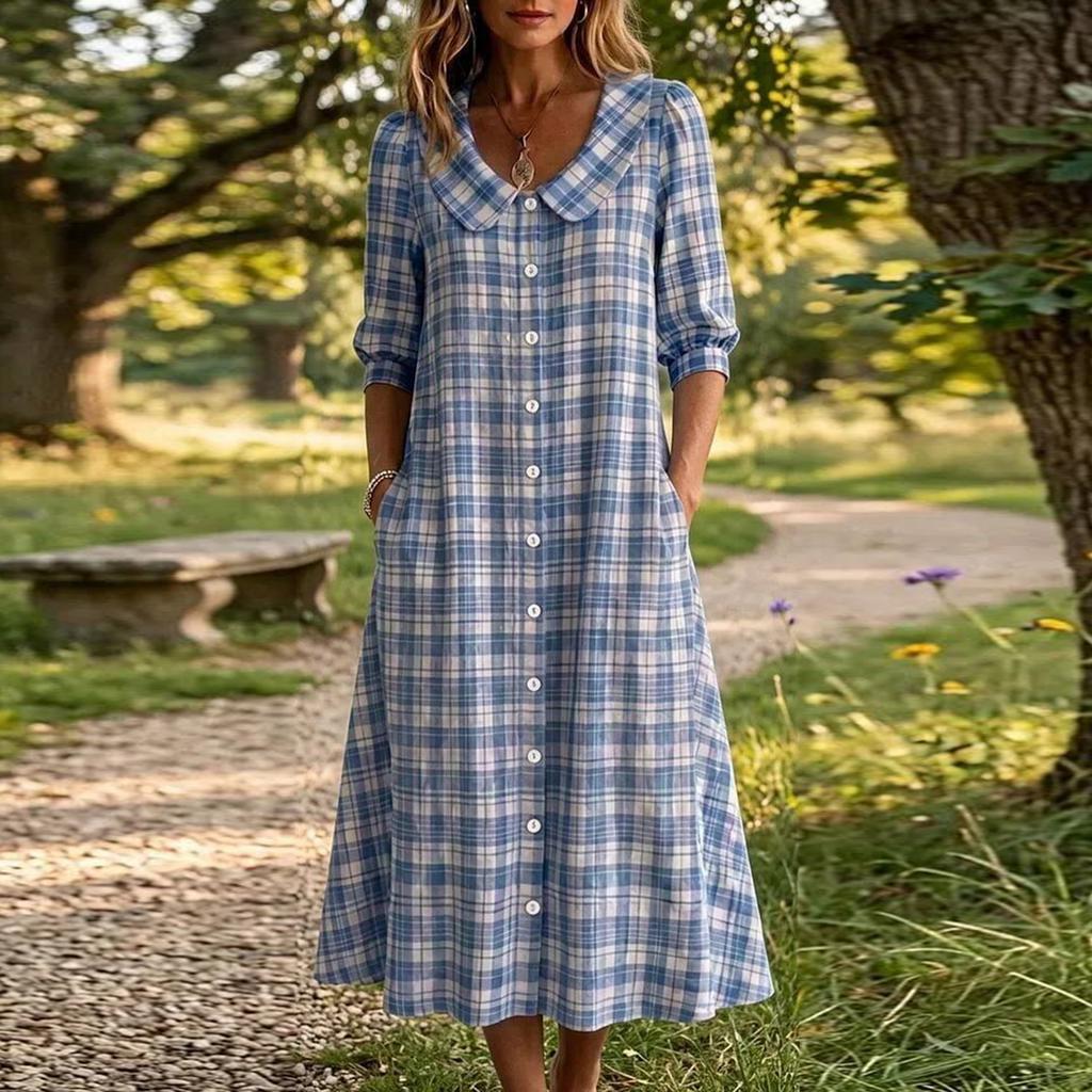 Women's Short Sleeve Plaid Dress - Lapel Collar Single Breasted Casual Button Down Dress