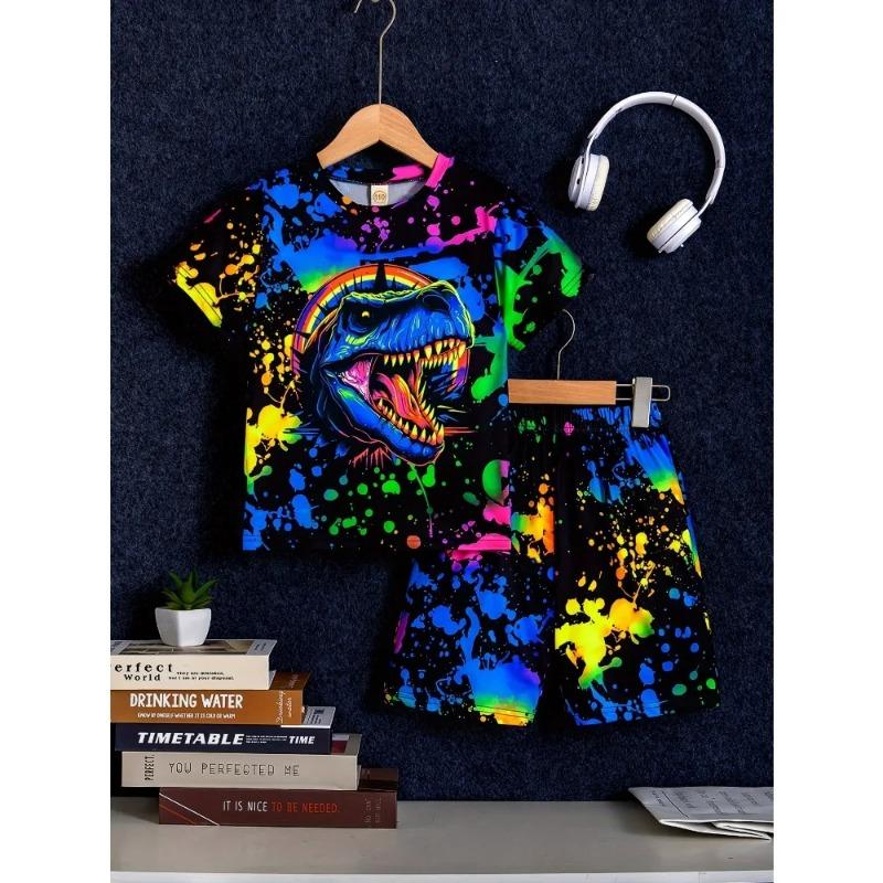Boys Girls Luminous Little Dinosaur Print Short Sleeve T-shirt and Elastic Waist Shorts Comfortable and Skin-friendly Pajama Set