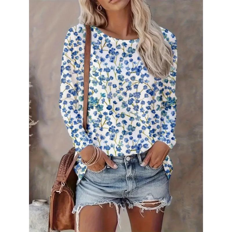 Modisches Damen Rundhals Langarm 3D Lässiges Farbdruck Westliche Linie Langarm Rundhals T-Shirt