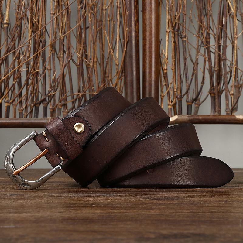 Men's Leather Belt Amekaji American Retro Manual Thickened First Layer Cowhide Stainless Steel Buckle Genuine Leather Belt Men's
