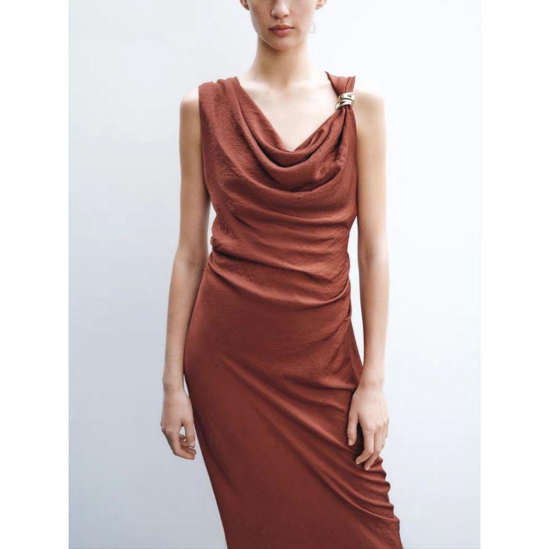 Za2025 Summer New Product Women's Clothes Elegant Gold Inlaid Draped Collar Midi Skirt Dress 5029070 700