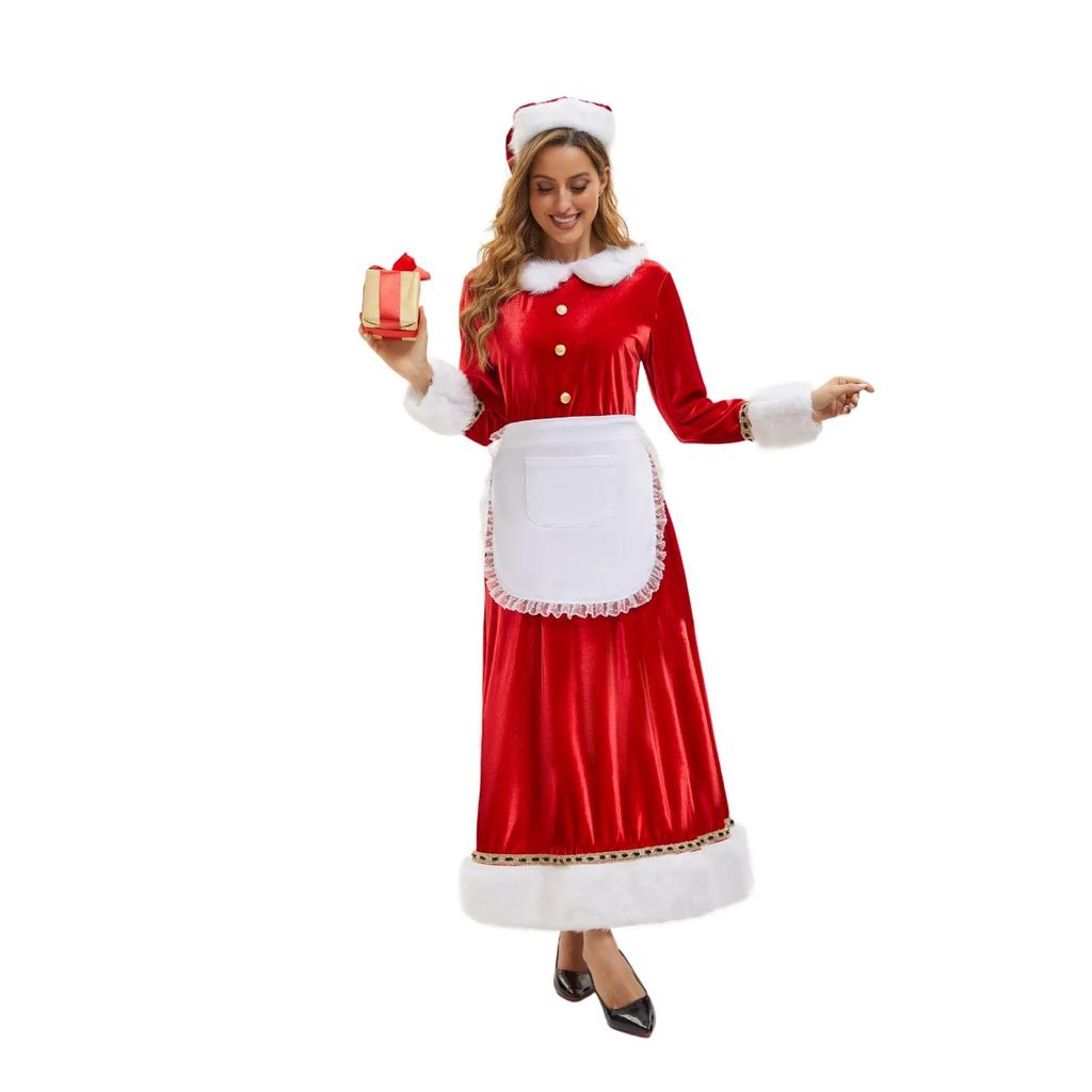 LYRIA New Christmas Adult Plush Edge Dress Women's Holiday Party Costume Santa Claus Cosplay Hat Apron Set Performance Costume