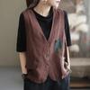 Gilet en Mélange de Lin pour Femme Patchwork Vintage Poche Boutonné Gilet