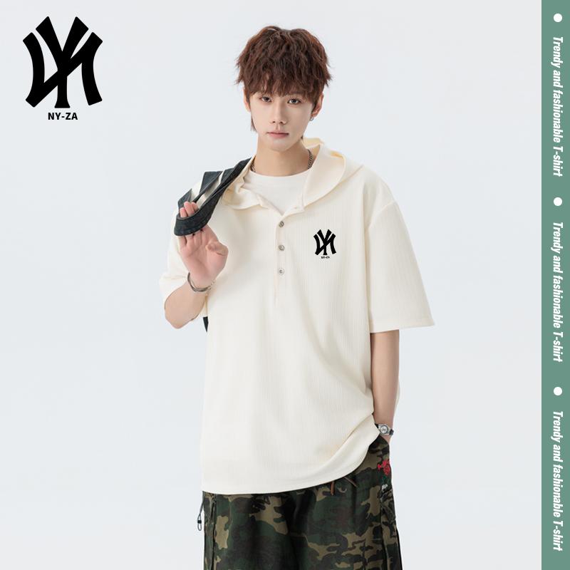 Street style hooded short sleeved T-shirt, summer loose trendy brand hooded half sleeved shirt