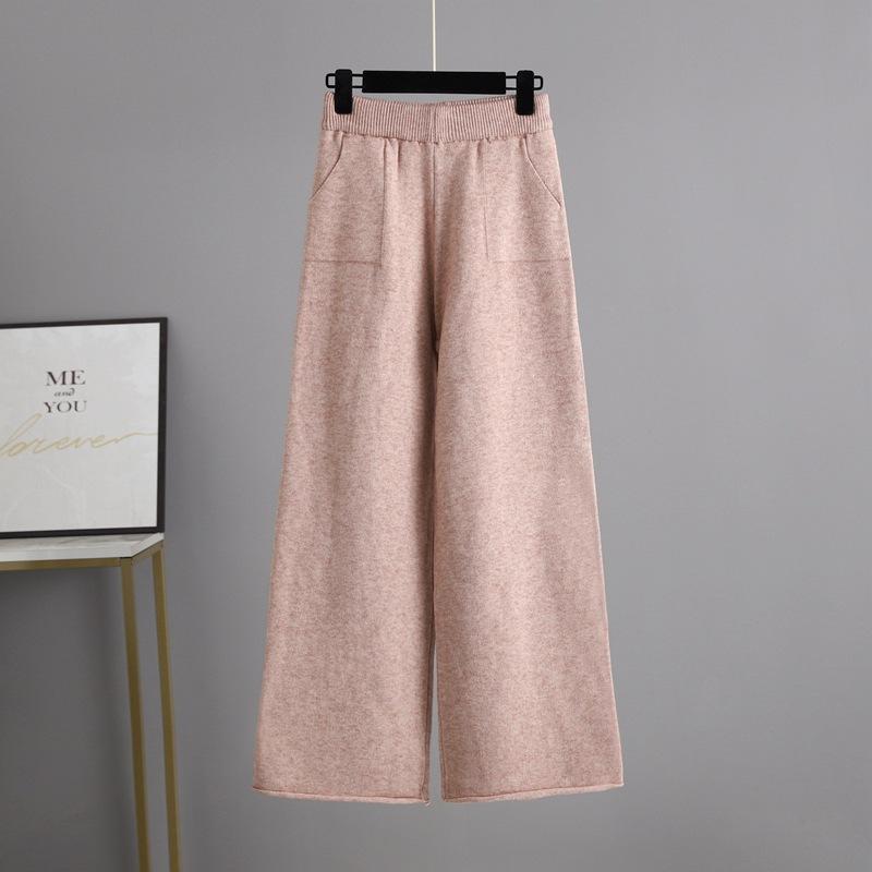 New Fashion Causal Knitted Pullover Suit Solid Color Half High Collar Wide Leg Pants Two Piece Set Autumn Winter