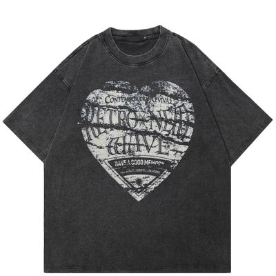Streetwear Heart Pattern T-Shirt Cotton Washed Black Tshirt Unisex Tops Tees Summer Short Sleeves T Shirt