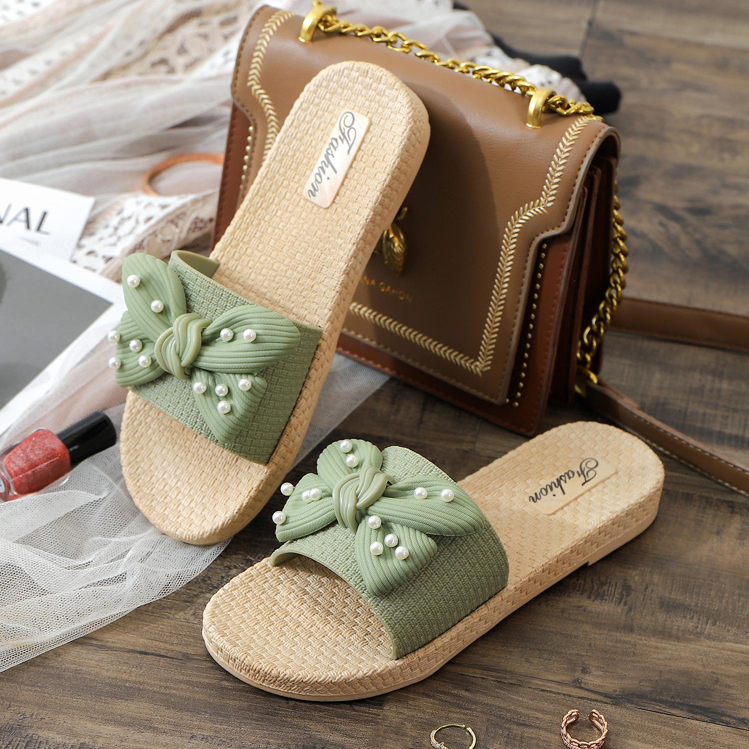 

Тапочки с перламутровым бантом, женские, новые, модные, повседневные, на плоской подошве, для дома и улицы, классные тапочки 40 зелёный