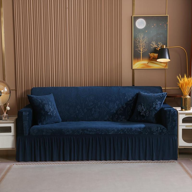 Elegant Stretchable Sofa Cover with Skirt for 1/2/3/4 Seater Soft Velvet Non-Slip Elastic Luxury Solid Color