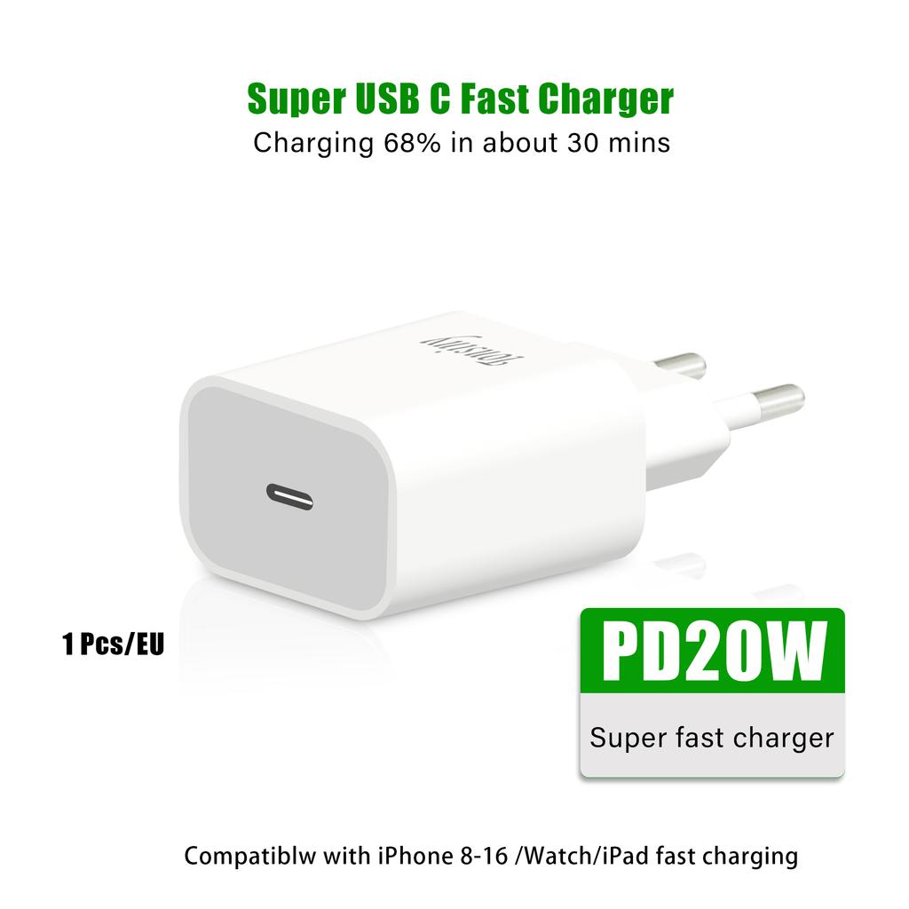 PD 20W USB C Charger Fast Charging Wall Adapter for iPhone 16 15 14 13 12 11 X 8 Pro Max for iPad Apple Phone Adapter Plug EU US