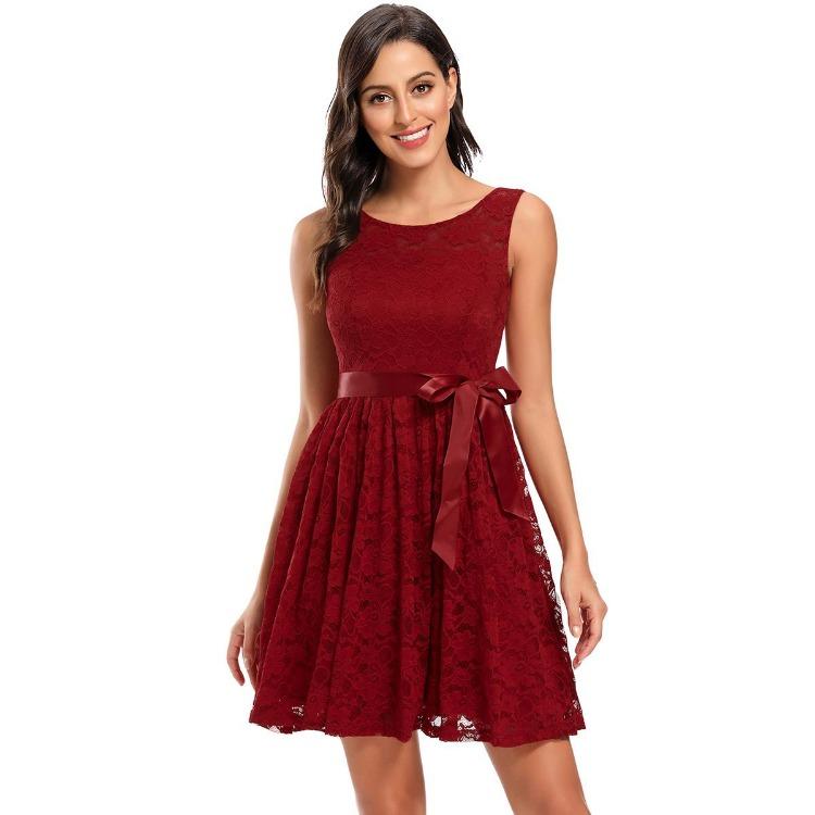 

Sleeveless Lace Swing Short Dress Women Wedding Guest Cocktail Party Bridesmaid Evening Occasion Ribbon Tie Outfit XXL бордовий