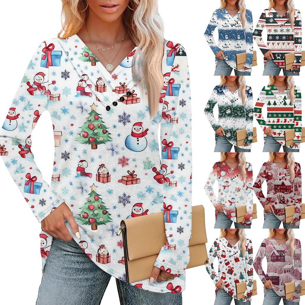 Women's Fashion Casual V-neck Pleated Christmas Long Sleeve Top