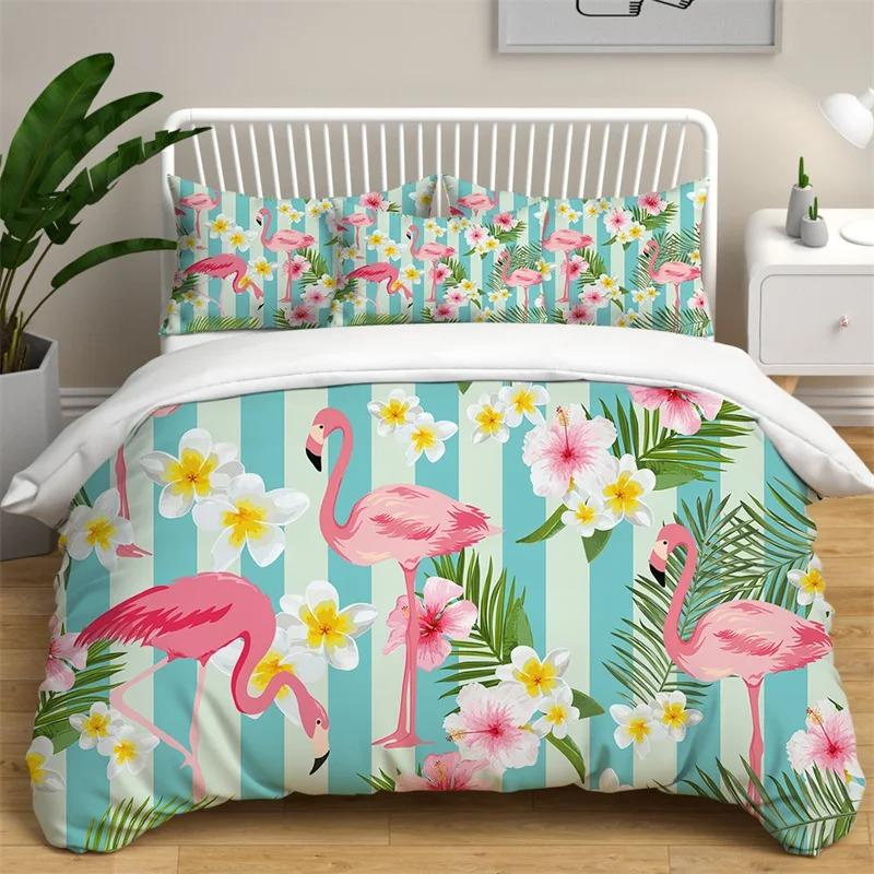 Flamingo Duvet Cover Palm Leaves Comforter Cover for Girls Boys Teens Cute Animal Tropical Botanical Bedding Set Twin King Size