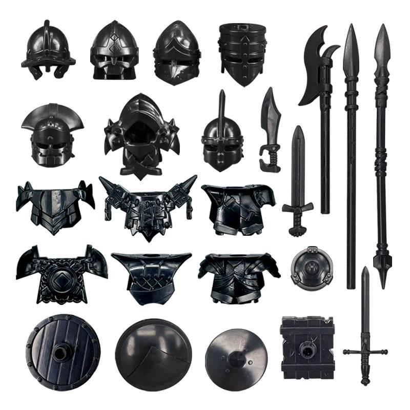 MOC Bricks Black Sword Shield Spear Halberd Helmet Medieval Knights Rome Action Figure Educational Building Block Gifts