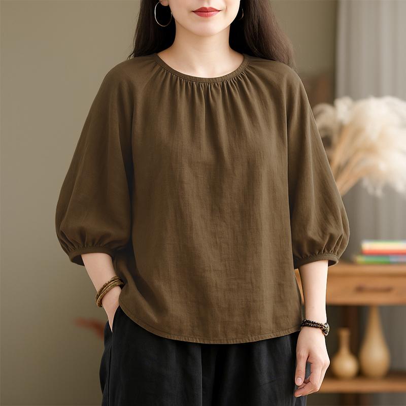 ZANZEA Women Casual 3/4 Sleeve Solid Color Loose Round Neck Blouse