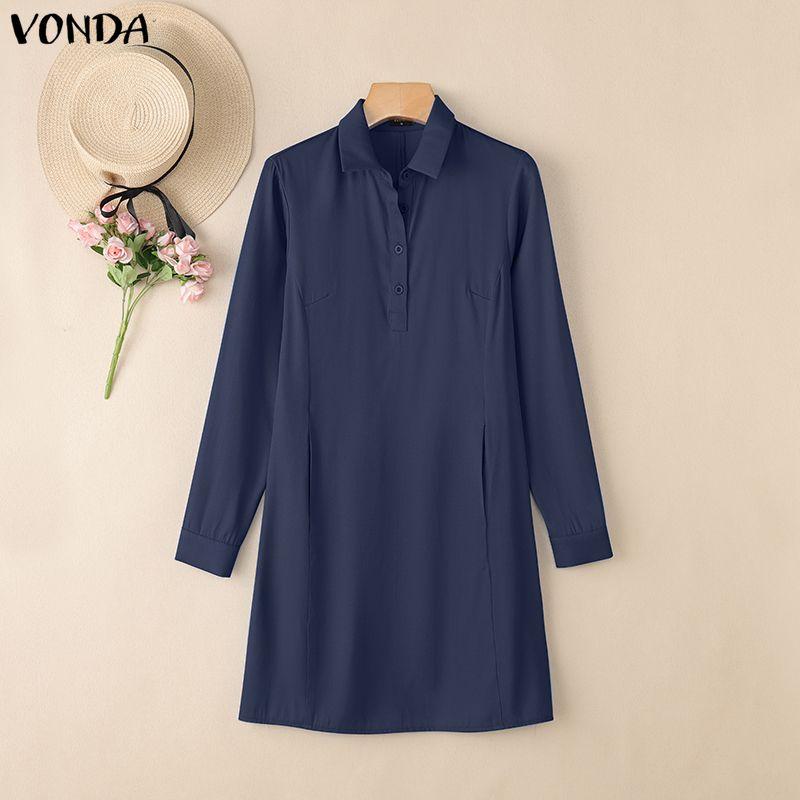 VONDA Elegante Damen Reverskragen Langarm Knöpfe Lässig Büro Dünne Hemden Kleid
