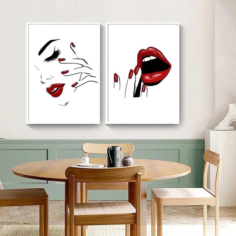 Fashion MakeUp Lipstick Mascara Nail Polish Canvas Painting Beauty Salon Poster Eyelash Red Lips Girl Wall Art Home Decor