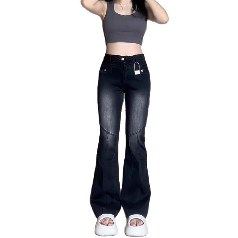Plus Size Black-Grey Stretchy Micro-Flare Jeans, Fleece-Lined, High-Waisted, Slimming, for Pear-Shaped Figures - Perfect for Autumn & Winter.