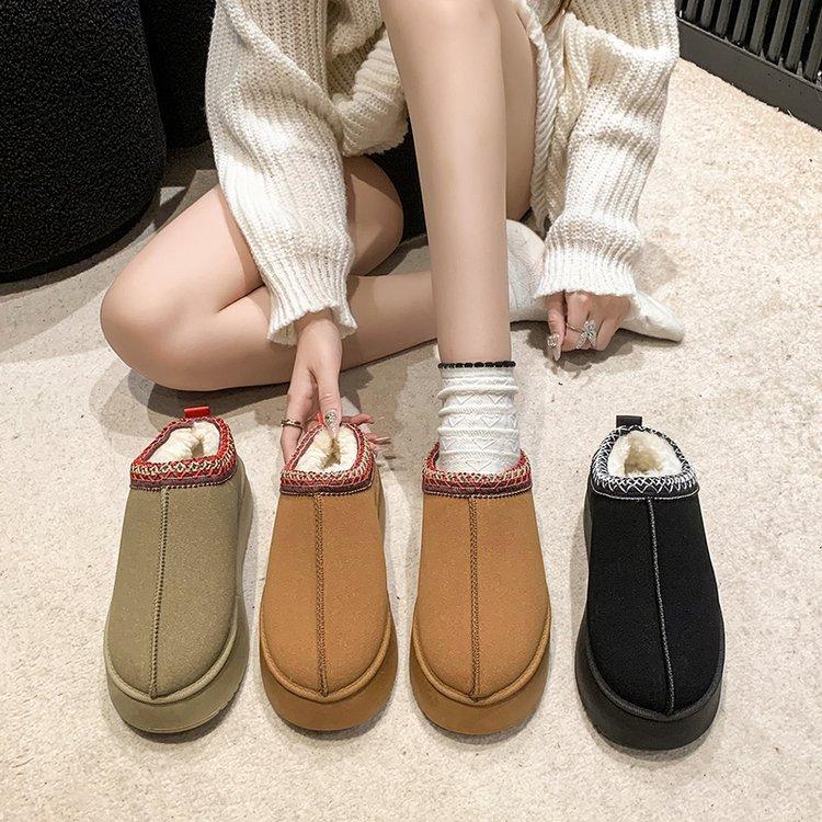 2025 Winter New Fleece Warm Platform Sole Without Heel Wrap Wool Half Slippers Women's Cotton Shoes