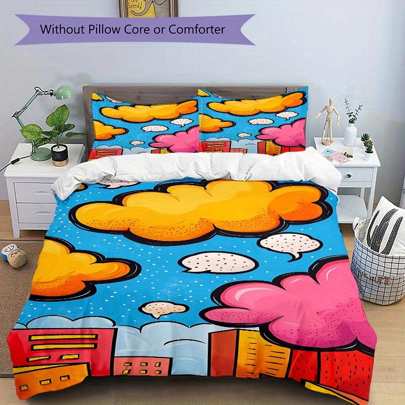 3Pcs Comic Book Clouds Printed Bedding Set, Breathable And Soft, Machine Washable, Christmas Gift, Suitable for Bedroom Decoration, 15200