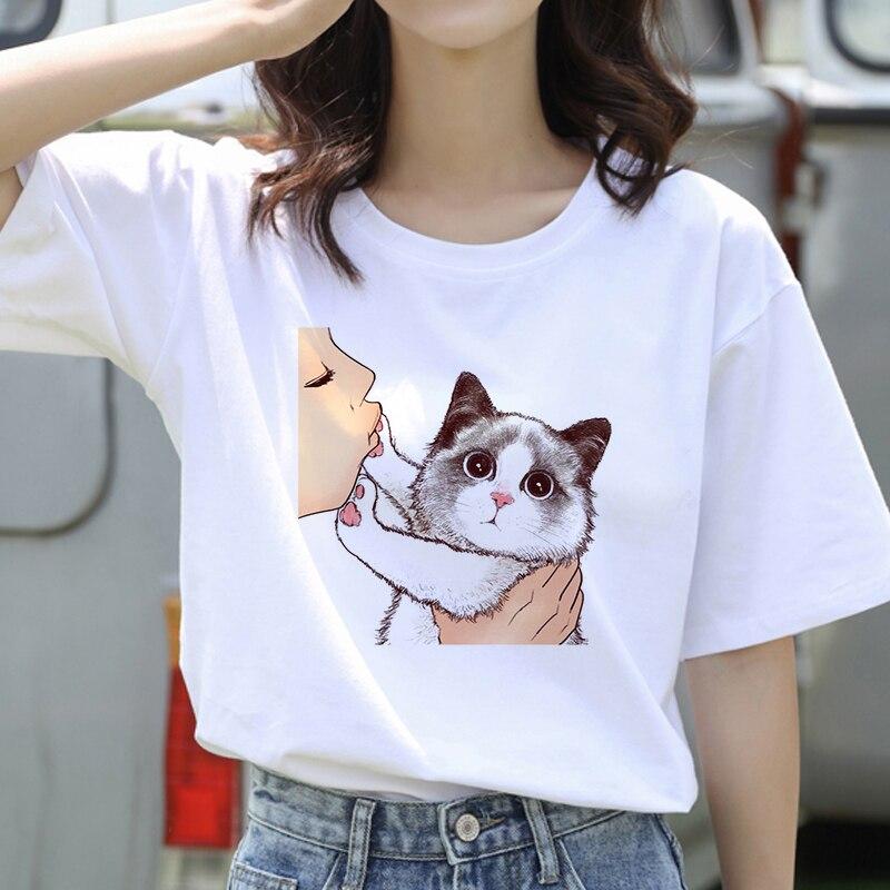 Ming Hong Women T-Shirt Cute Cat Print Oversized Tshirt Summer Female Clothing Ulzzang Harajuku 90s Girls T Round Neck Short Sleeve Tees