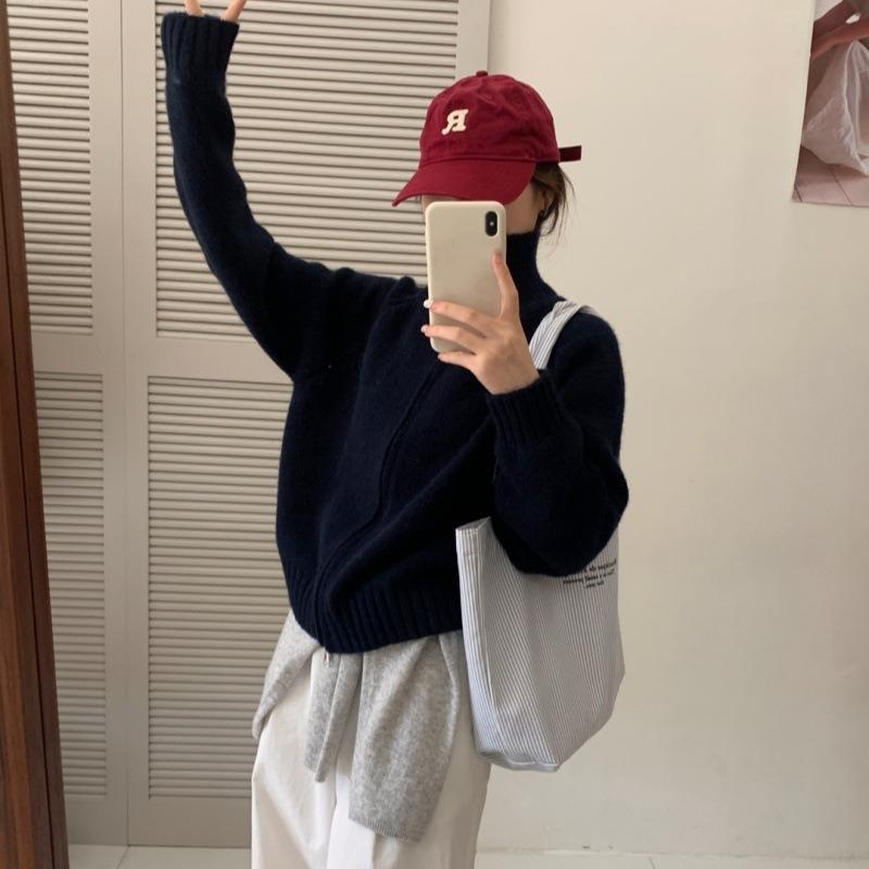 Lazy wind solid color double zipper lapel neck sweater jacket women's autumn new loose simple stand-up neck knitted cardigan thick