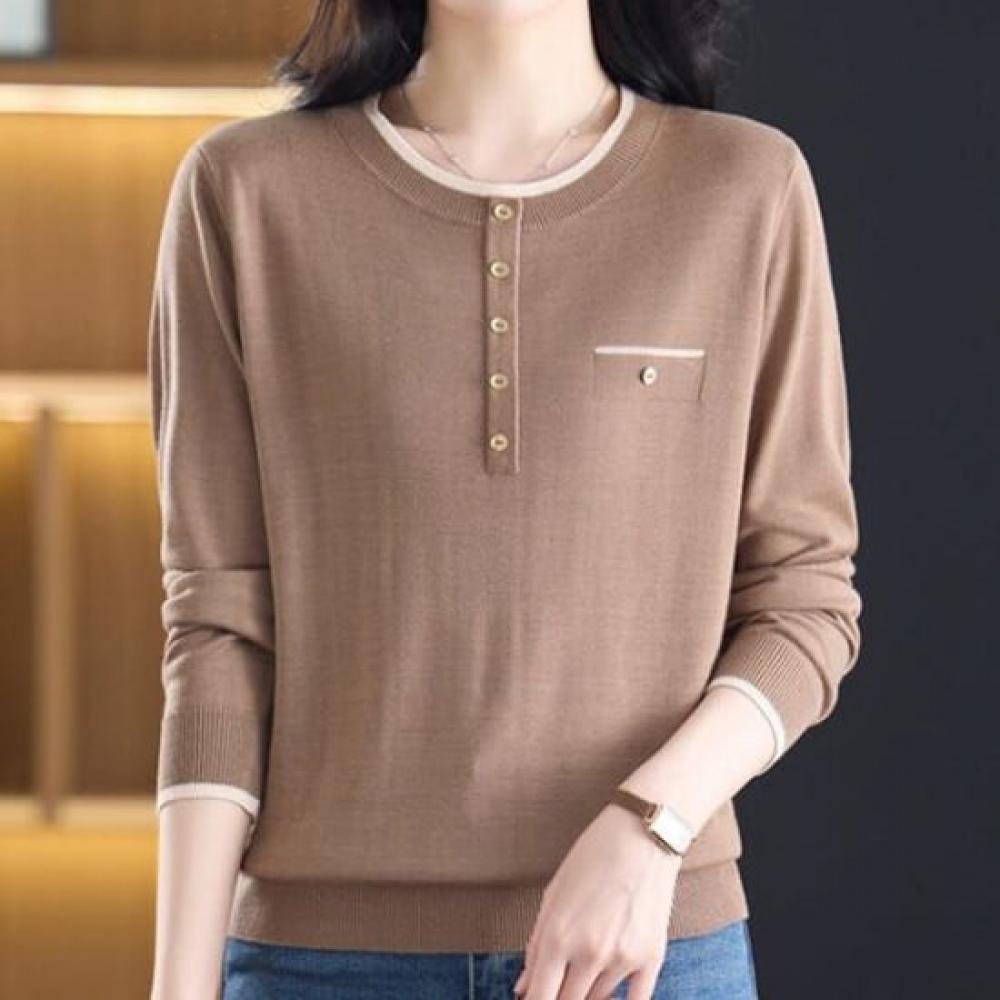 Navava Long Sleeve Knit Top With Color Block And Button Detail Round Neck Nk3571