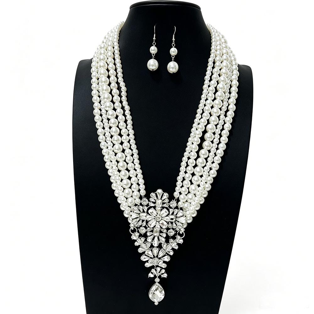 Elegant French Alloy and Glass Pearl Necklace & Earring Set for Weddings, Parties, and Birthdays
