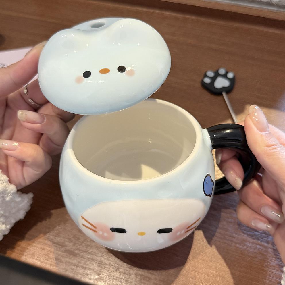 Katzenbecher mit Deckel Löffel hoher Wert Ins-Stil Paarbecher Keramik Trinkbecher für Mädchen Geburtstagsgeschenk