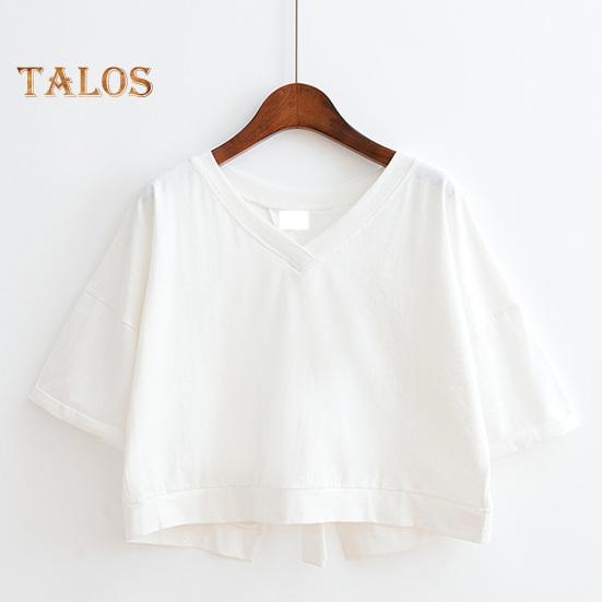 Letnia krótka koszulka z dekoltem w kształcie litery V z krótkim rękawem z wycięciem na plecach sznurowana koszulka jednokolorowa luźny krój pulowerowe topy Streetwear