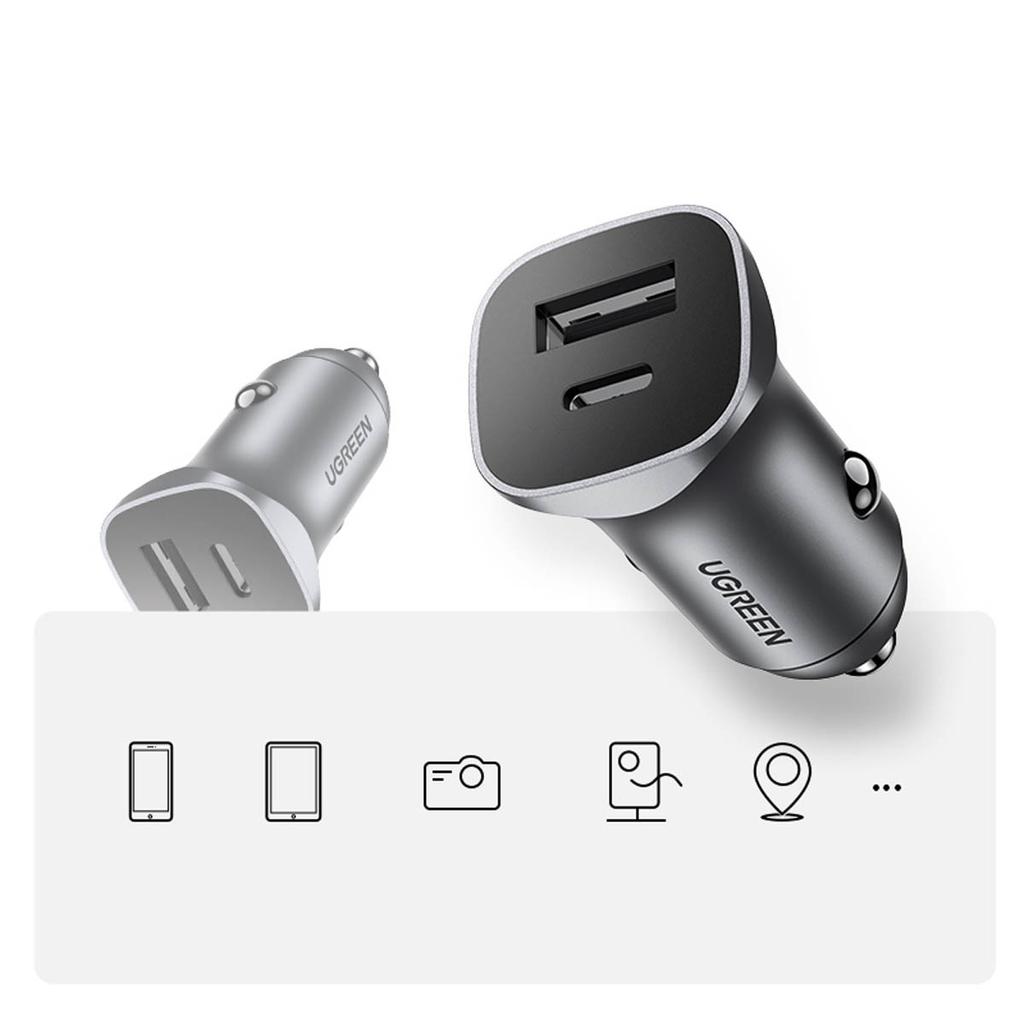 Ugreen Dual Port 30W Car Charger with USB-A/USB-C - PD PPS Certified - Metallic Gray (Model CD130)