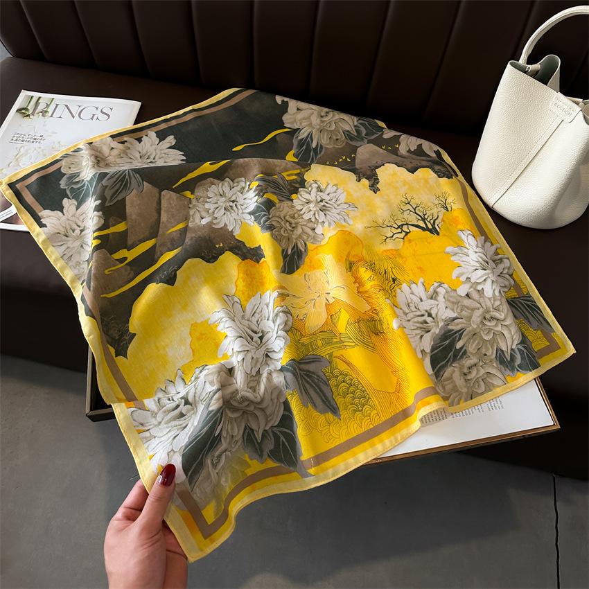 New National Style Mountains and Rivers Small Square Scarf Silk Scarf Thin Rich Peony Herringbone Pattern Headscarf Imitation Velvet Scarf Scarf Femal