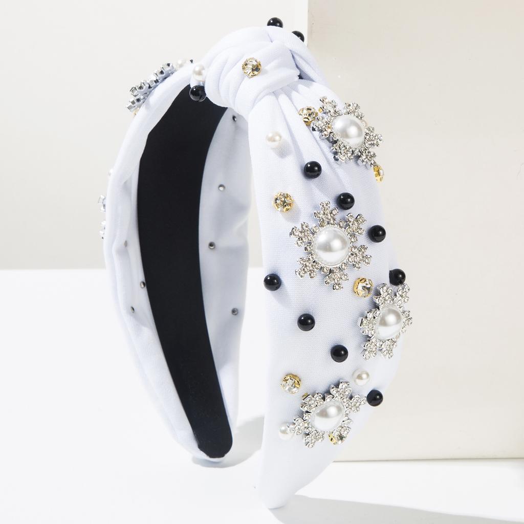 Women Christmas Snowflake Hairband Fashion Satin Studded with Rhinestone Pearls Headband Girls Party Hair Styling Accessories