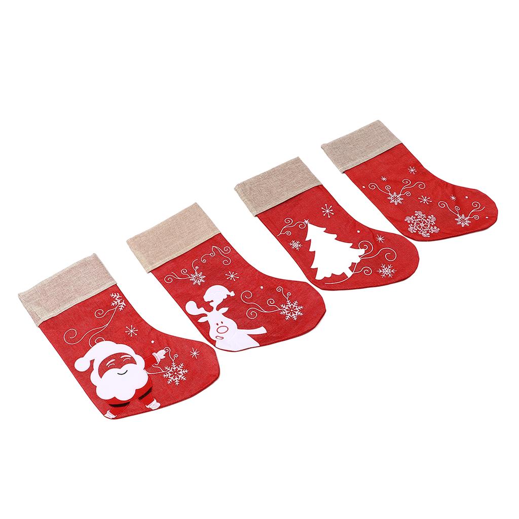 Christmas Stocking Decorative Cartoon Pattern Cuff Stocking Ornament for Tree Stairs Fireplace Red 4pcs