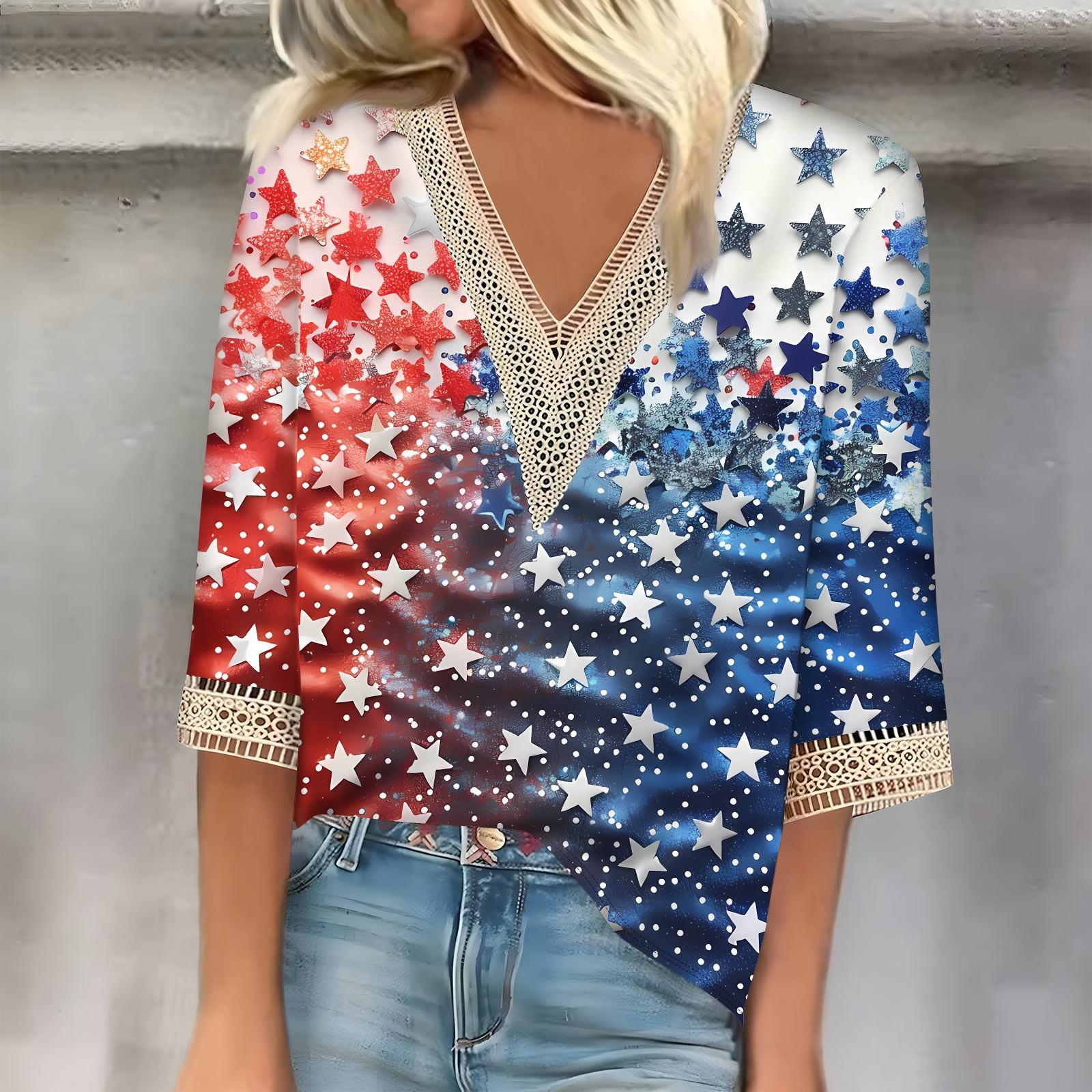 

Женская свободная повседневная футболка с v-образным вырезом и рукавами 3/4, кружевная футболка с принтом ко Дню независимости, топ M киноварь