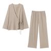 Cárdigan de Exterior de Estilo Kimono de Doble Botonadura con Cuello en V para Mujer, Pantalones Sueltos de Color Sólido, Conjunto Casual de Dos Piezas