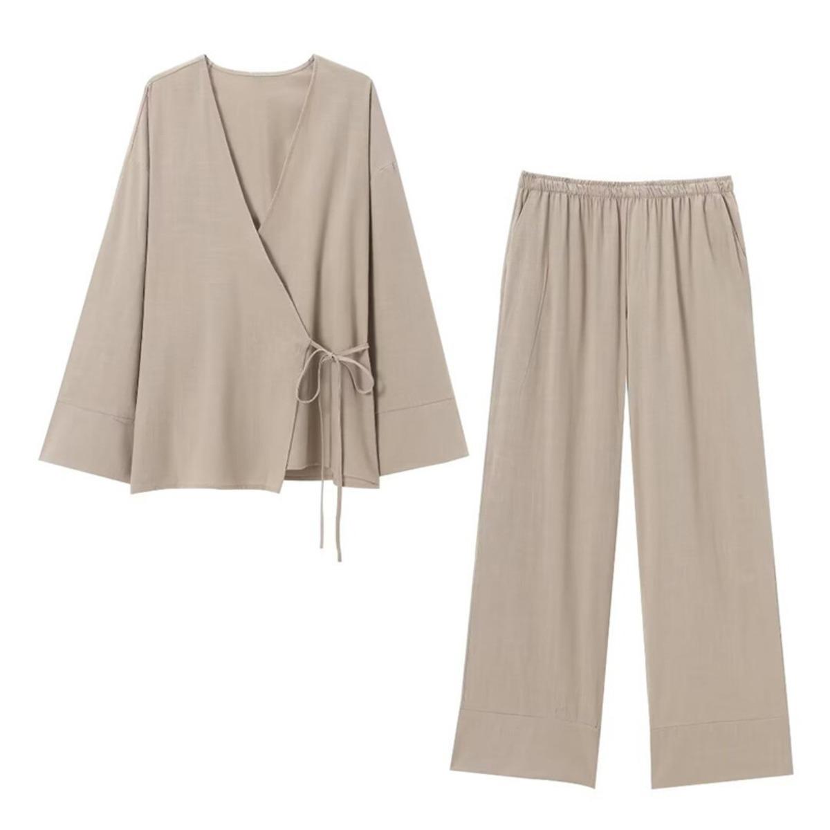 

Women s V-neck Double Breasted Kimono Style Outerwear Cardigan Loose Solid Color Pants Casual Two-piece Set S