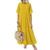 Women Casual Summer Beach Sundress Maxi Long Dress Short Sleeve Crew Neck Dot Print Pleated Swing
