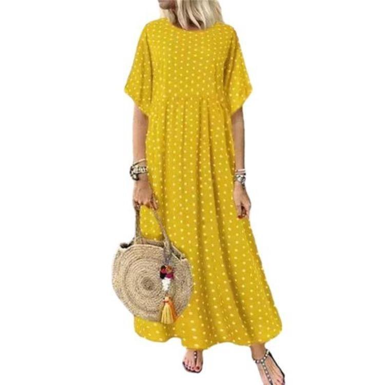 Women Casual Summer Beach Sundress Maxi Long Dress Short Sleeve Crew Neck Dot Print Pleated Swing