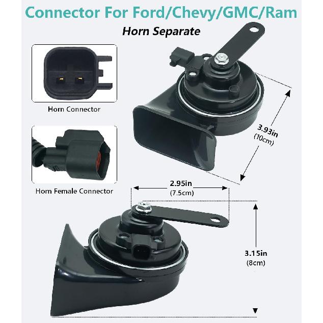 Car Horn Kit For Ford Chevrolet Tesla Jeep Ram GMC,12V Loud Waterproof Auto Horn, High Low Dual Tone 126Decibel, Replacement For Ford (1 Connector)
