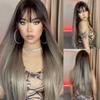 LOUIS FERRE Synthetic Long White Wigs with Bangs Cosplay Straight Wigs with Brown Highlight Natural Fake Hair for Black Women
