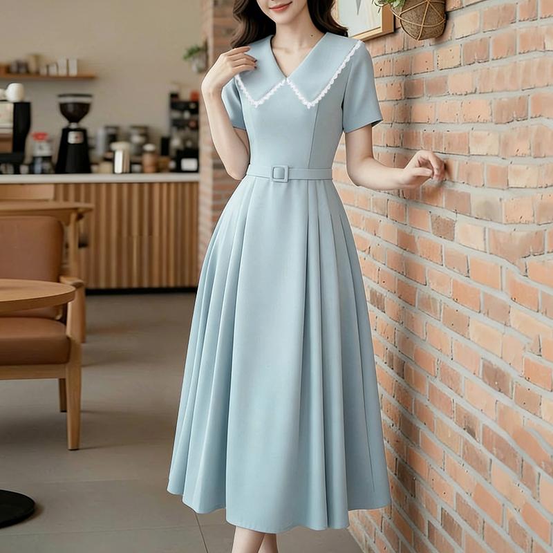 ZANZEA Women Elegant Doll Collar Summer Casual Short Sleeve Dress M синий