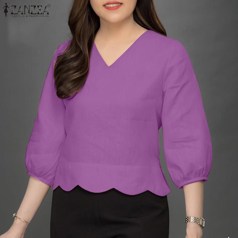 ZANZEA Women Casual V-Neck Solid Color Loose 3/4 Sleeve Blouse