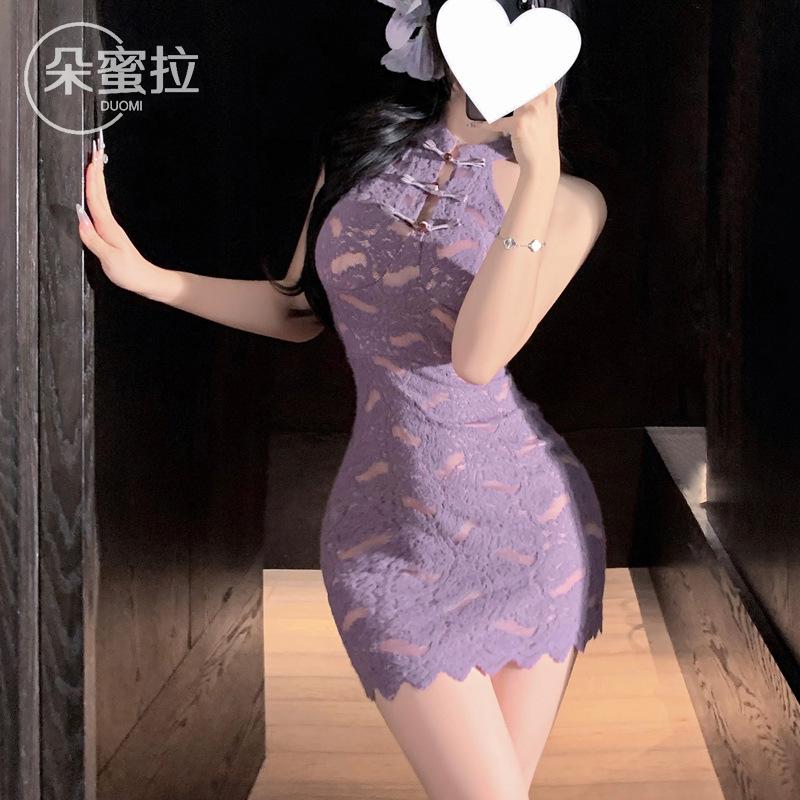Domila Sexy New Chinese Buckle Lace Stand-up Collar Cheongsam Pure Desire Hot Girl Purple Neck Sex Underwear Women