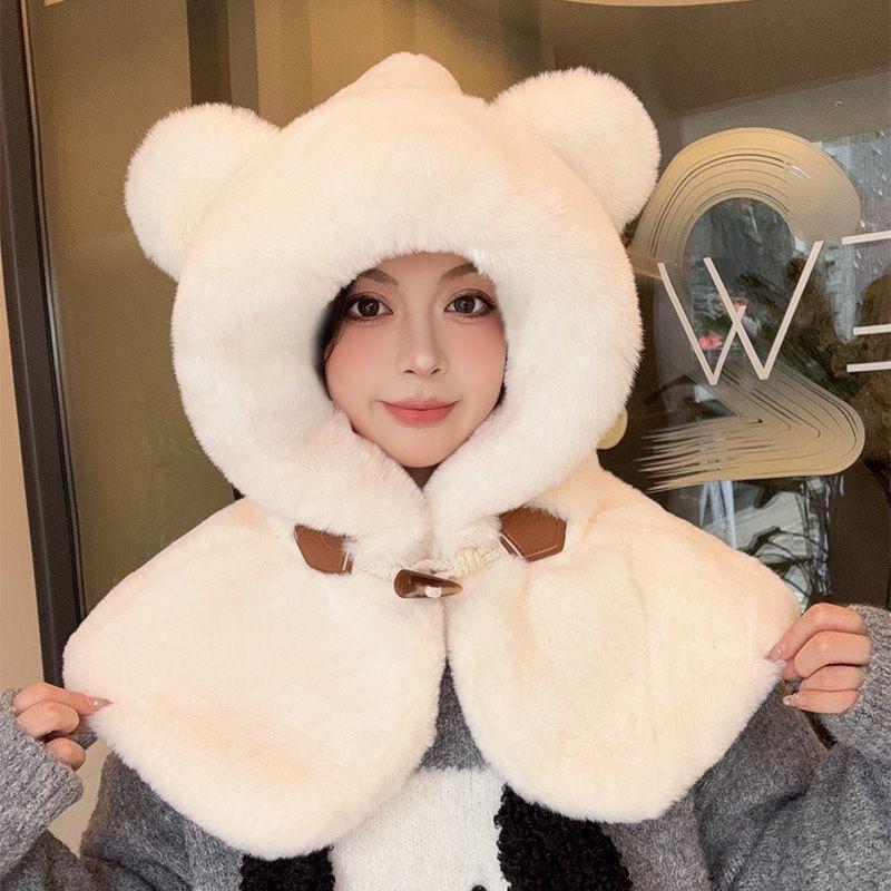 Cute hairy hat winter ladies tide bear vest integrated cold protection thickened winter hat warm shawl