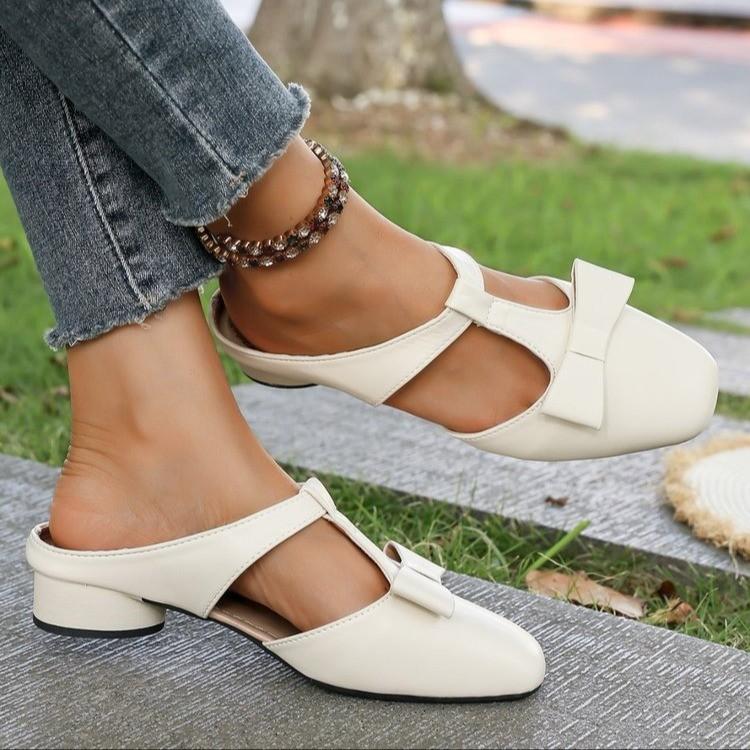 Fashion Baotou Half Slippers Women's Summer New Square Toe Shallow Mouth Bow Low Heel Block Heel Slip-on Wear-resistant Slippers