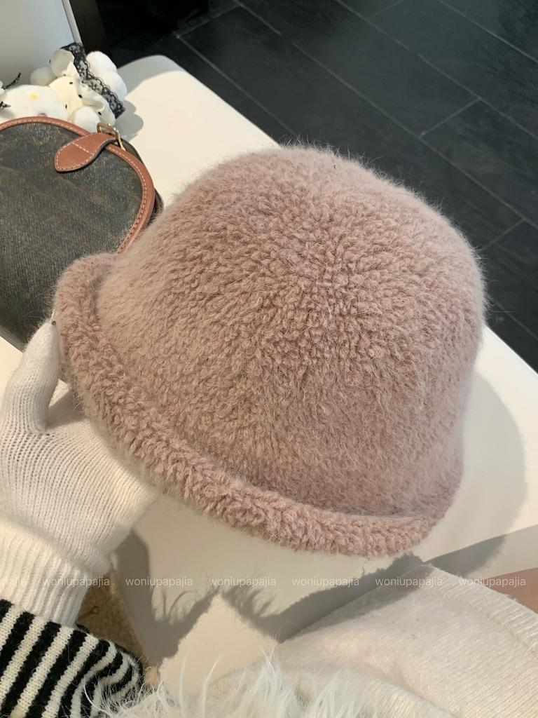 New Year Rabbit Fur Top Hat Women'S Autumn And Winter Cold-Proof Crimped Bucket Hat Warm White Plush Basin Hat
