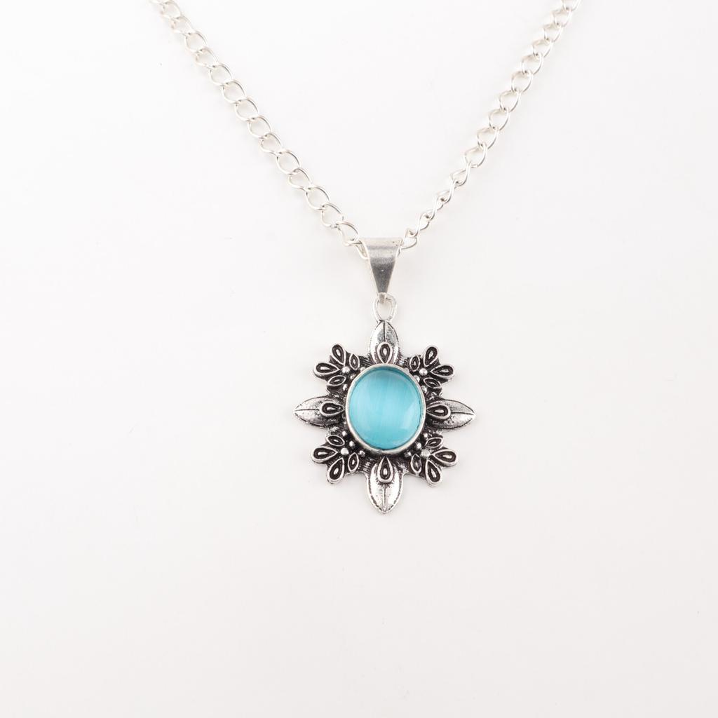 Natura Blue Cat's Eye Gemstone 925 Stamped Silver Jewelry Handmade Pendant 1.62" CP-12-43